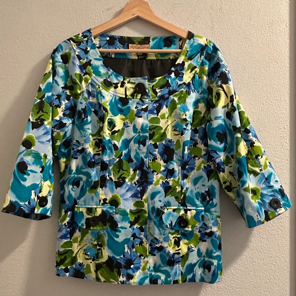Notations Women's Floral Print Jacket Blue Green Black Size L‎